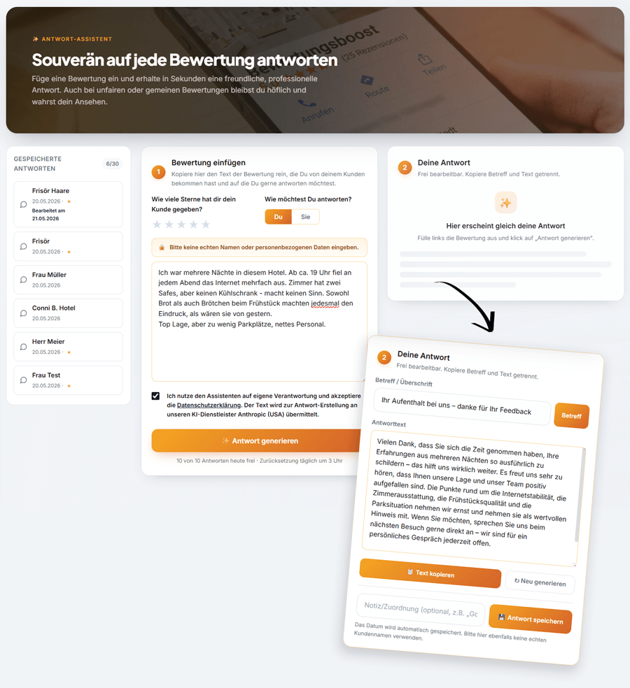 Antwort-Assistent: die KI schreibt eine passende, souveräne Antwort auf eine Google-Bewertung, frei editierbar und als Vorlage speicherbar
