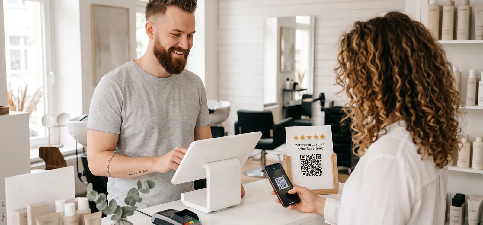 Kunde scannt QR-Code an der Theke eines lokalen Betriebs