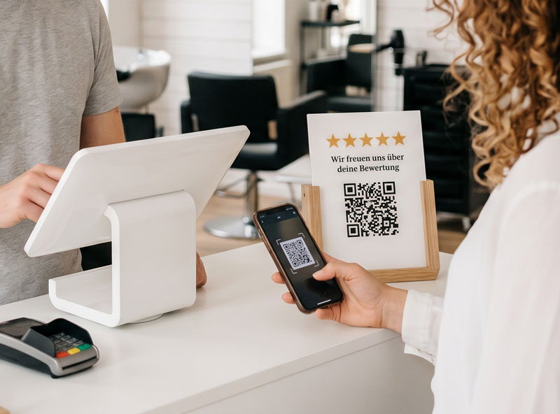 QR-Code Aufsteller am Tresen eines lokalen Betriebs